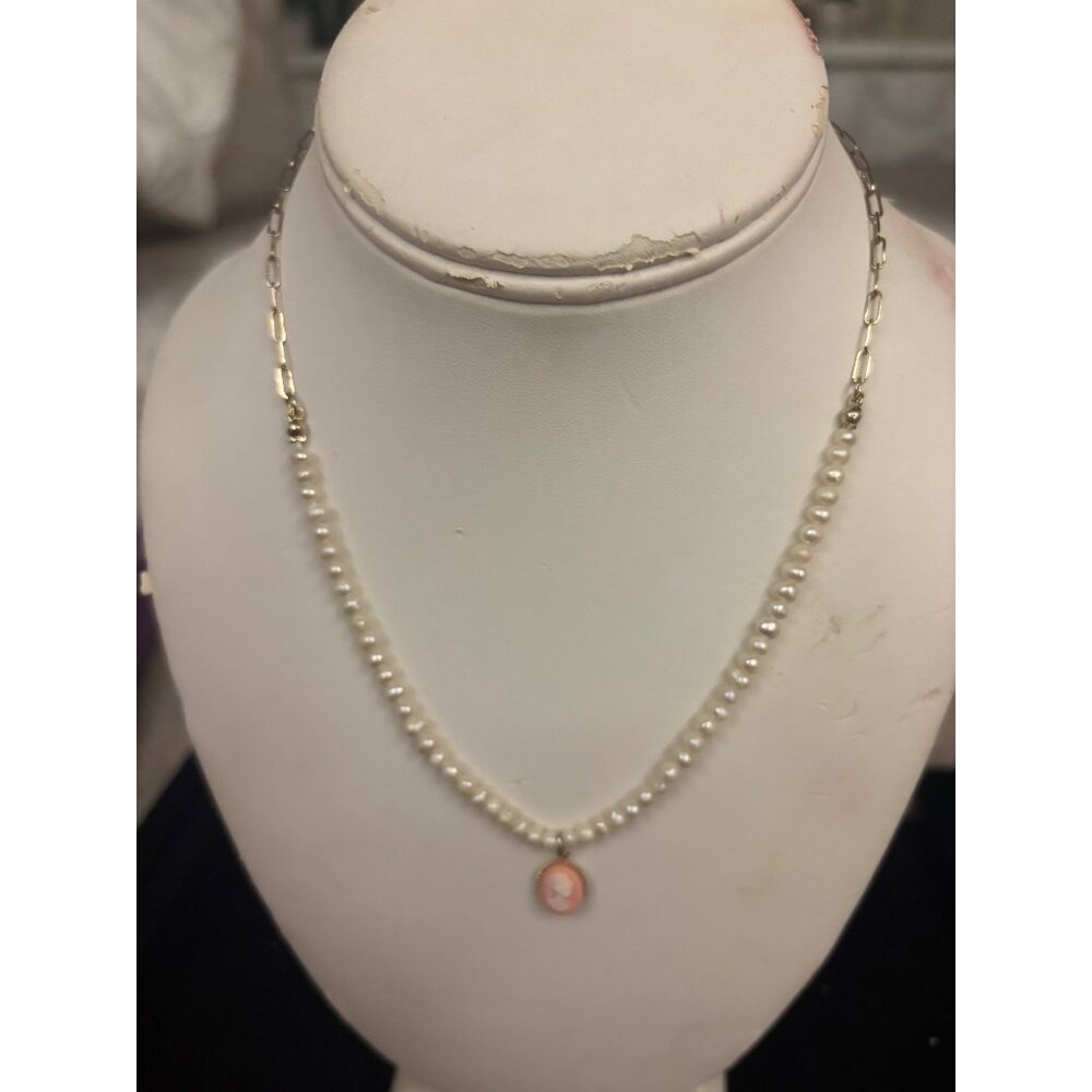 Vintage Freshwater Pearl Necklace Pink Shell Cameo Pendant Youth/Small Communion - Picture 5 of 16
